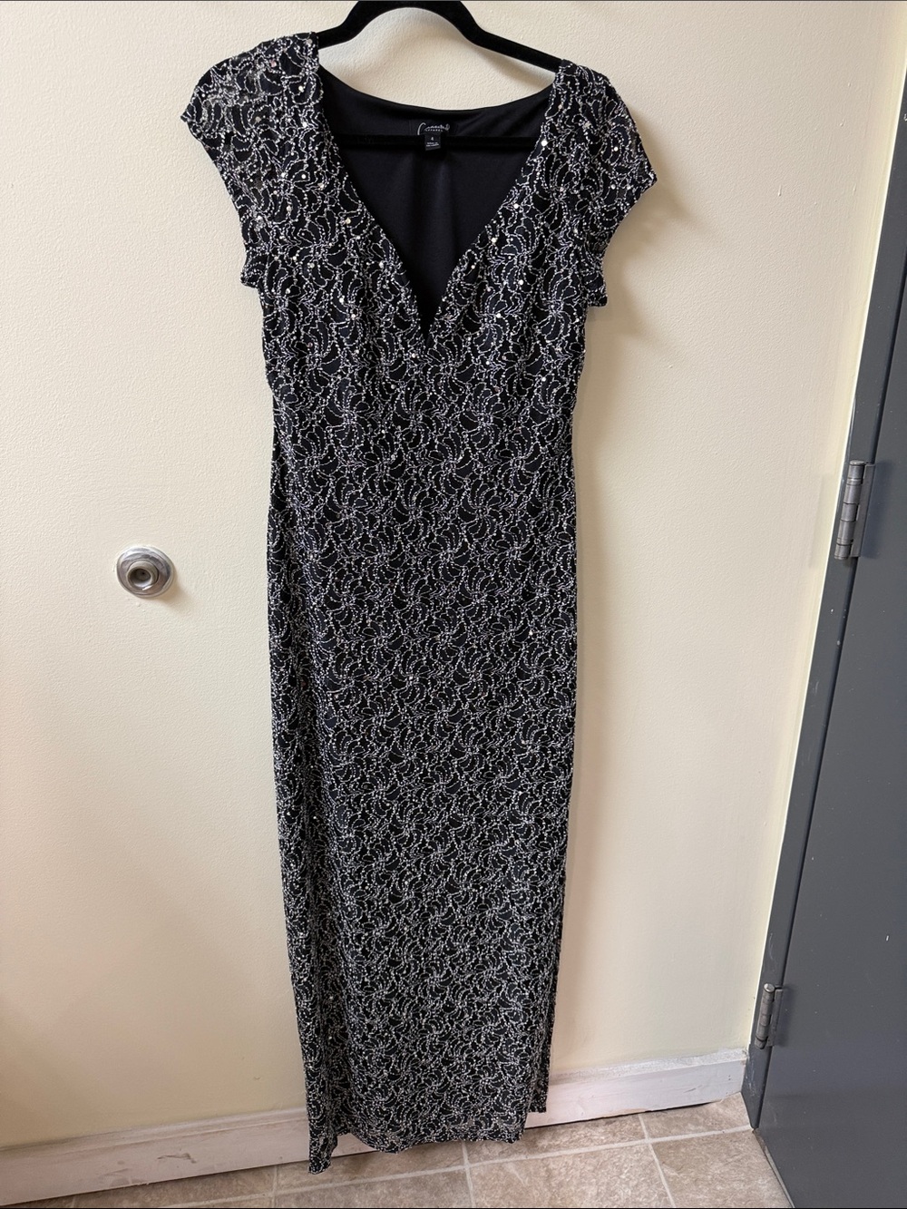 connected Apparel Black and Silver Lace-Overlay Long Dress NWOT